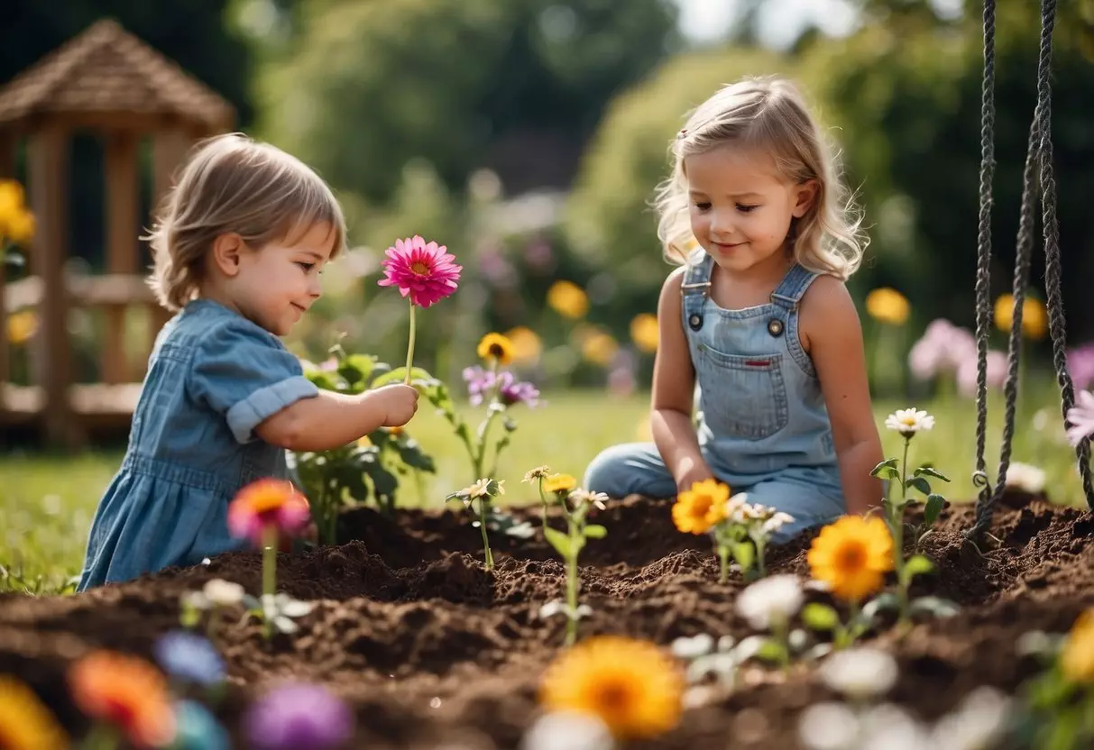 Children playing in a garden, planting seeds, watering plants, and chasing butterflies. A sandbox, swing set, and colorful flowers fill the scene