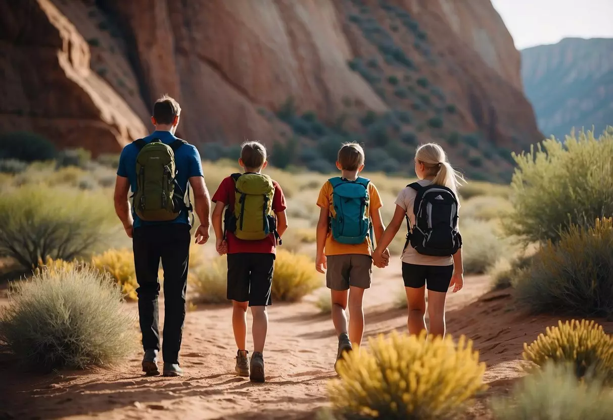 A family hiking in Utah's red rock desert, surrounded by towering sandstone cliffs and vibrant desert flora