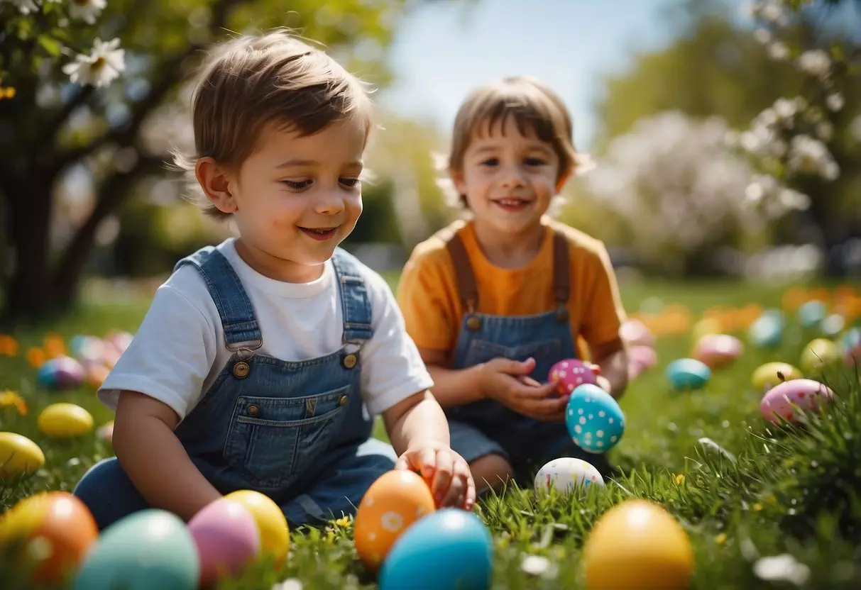 Children hunting for Easter eggs in a colorful garden with blooming flowers and a bright blue sky