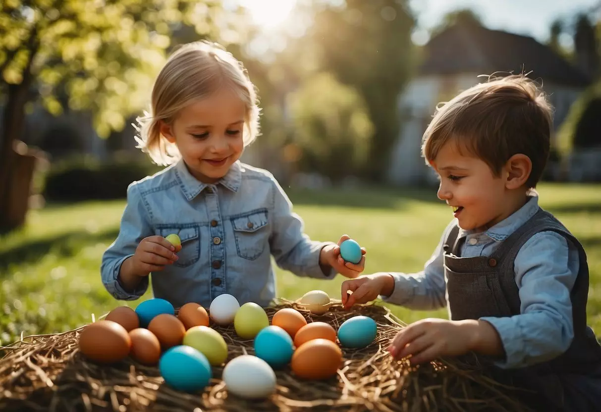 Children painting eggs, hunting for hidden treats, and playing games outdoors in a sunny garden