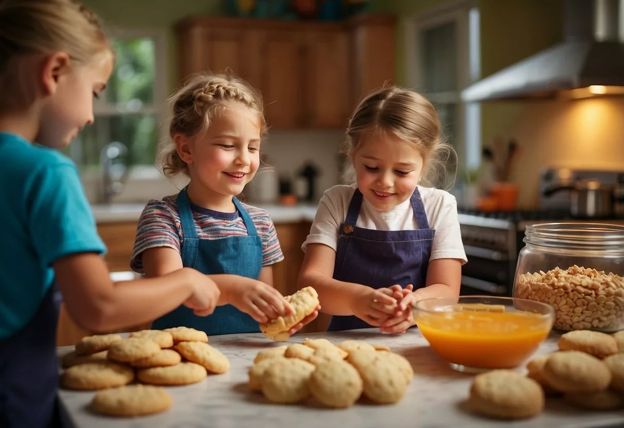 Children mixing ingredients, rolling dough, and decorating cookies in a colorful kitchen setting