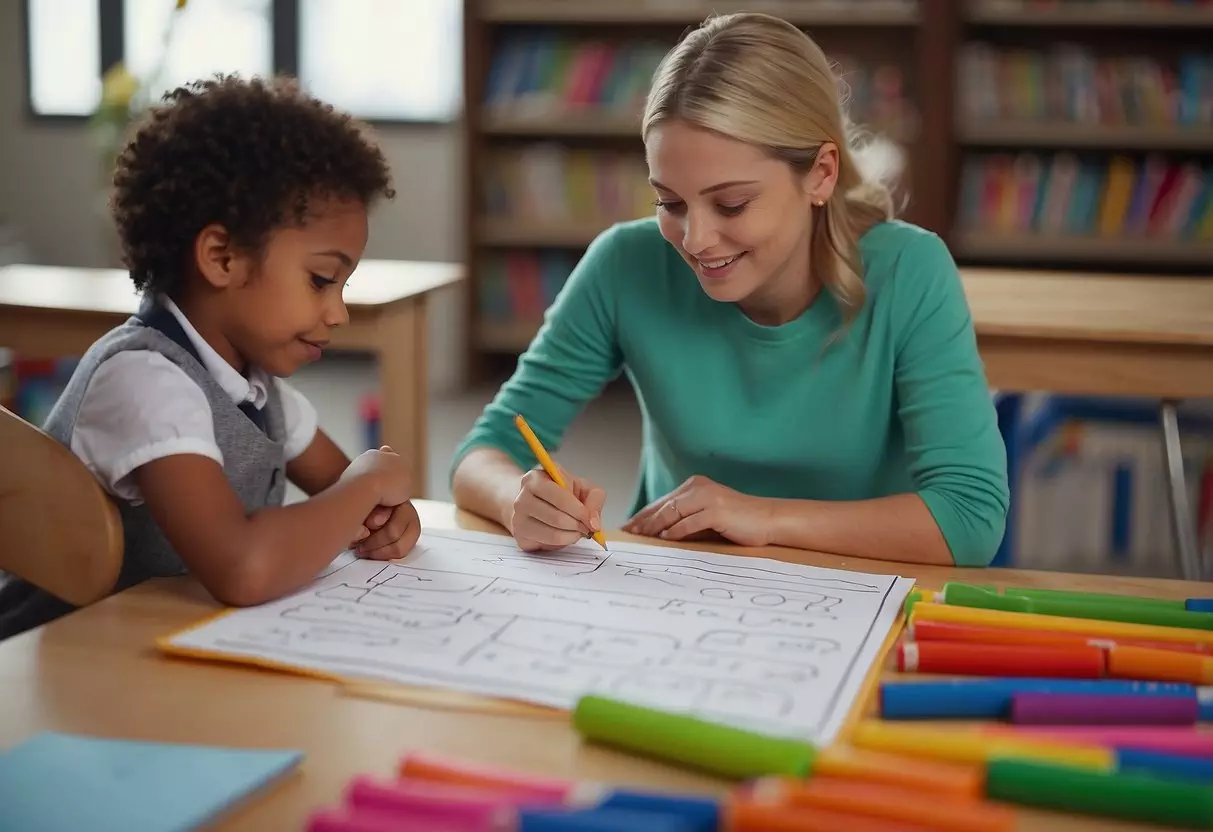 Children draw and write at small tables with crayons and paper. A teacher assists a student with letter formation. Books and writing tools are on shelves