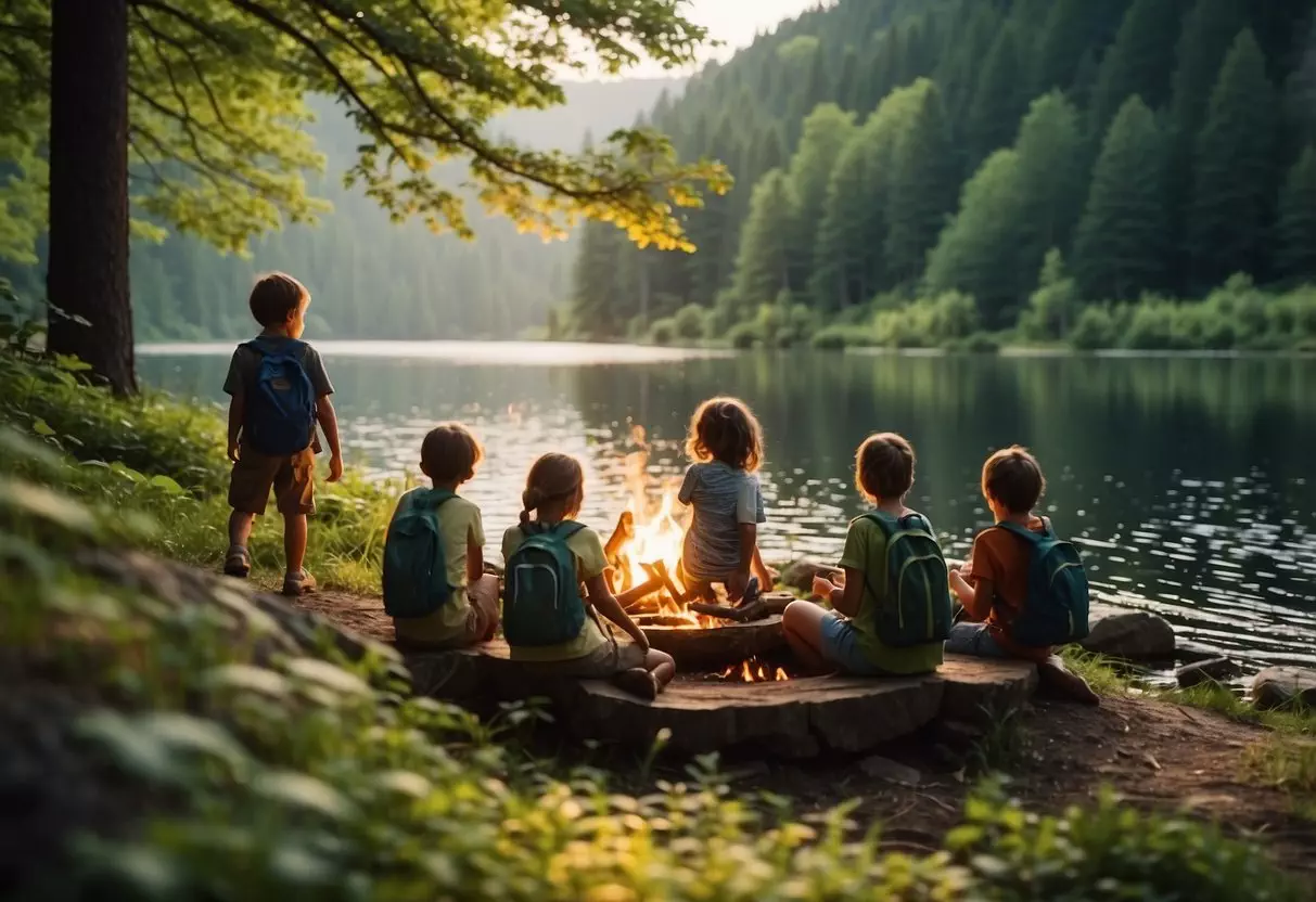 Families hiking through a lush forest, crossing a bubbling stream, and setting up a picnic by a tranquil lake. Birdwatching, fishing, and roasting marshmallows over a crackling campfire