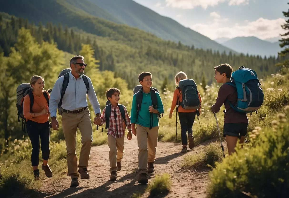 Families engage in outdoor activities: hiking, birdwatching, and camping in diverse natural settings