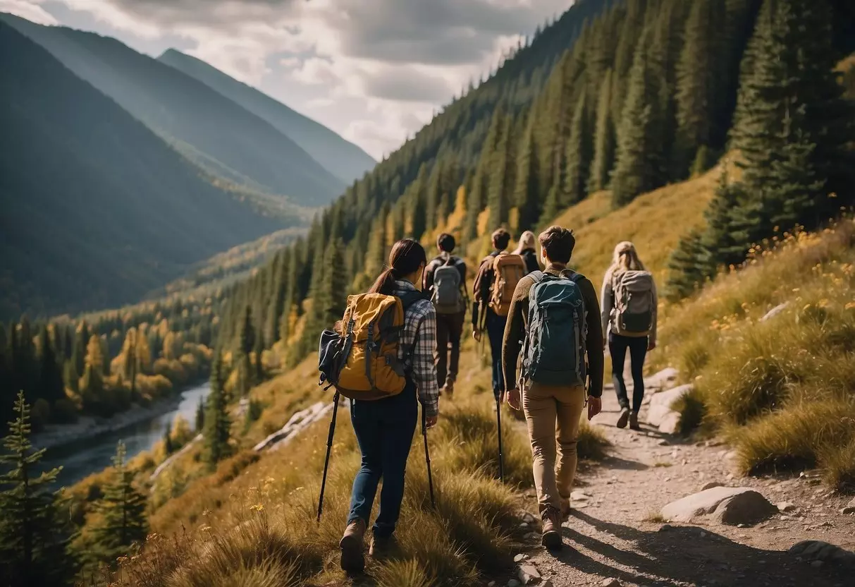 A group of students exploring a diverse landscape, with mountains, rivers, and forests. Some are hiking, others are mapping, and a few are observing wildlife