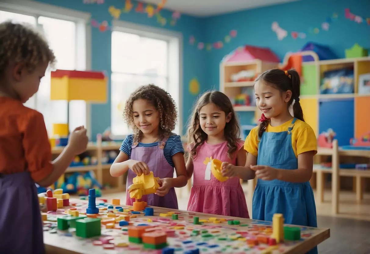 Children painting, building with blocks, reading, and playing dress-up in a colorful classroom