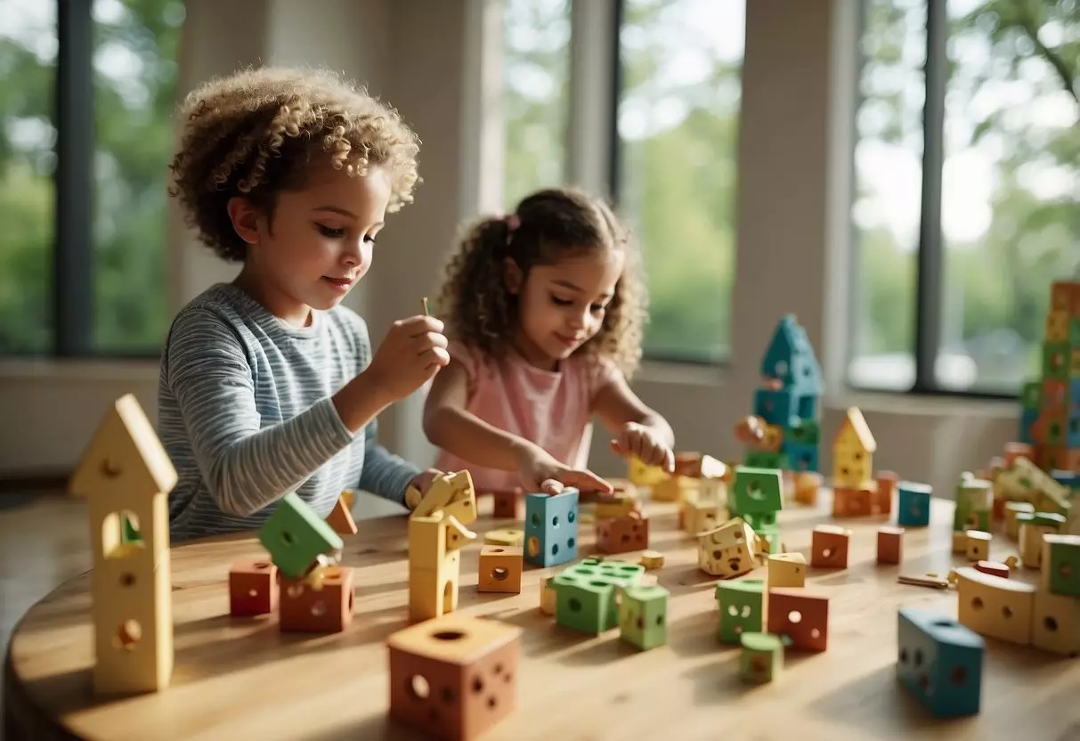 Children engage in hands-on activities: building blocks, painting, and exploring nature. A teacher guides and encourages learning through interactive play