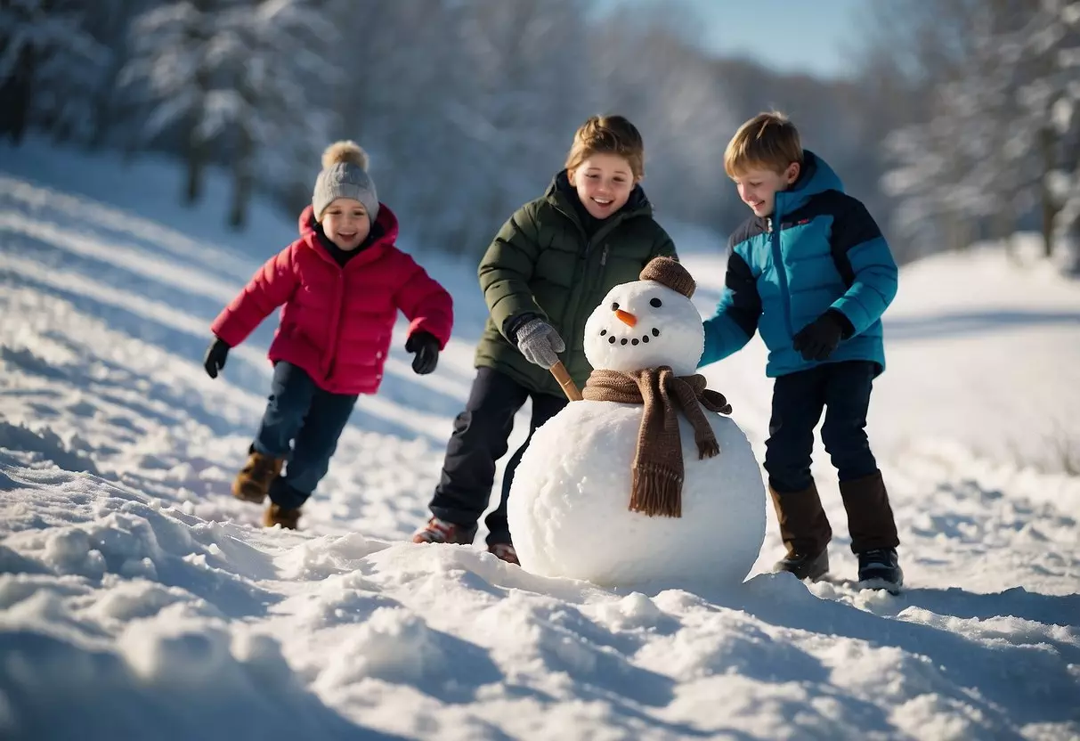 Children building a snowman, while others have a snowball fight. A family is seen sledding down a hill, and a couple is walking their dog through the snowy landscape