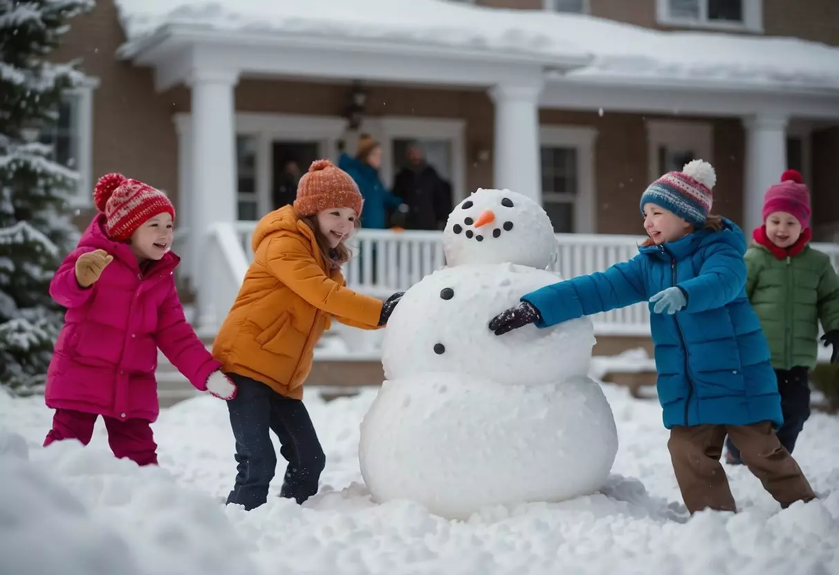 Children building a snowman, others sledding down a hill, and a family making snow angels in the yard. Snowball fights and hot cocoa by the fire