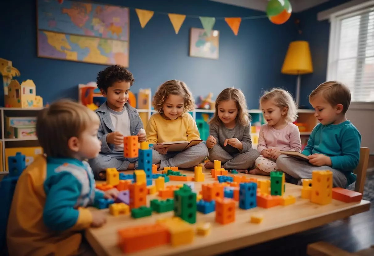 Preschoolers playing games in pajamas, building blocks, drawing, and reading books in a cozy, colorful classroom