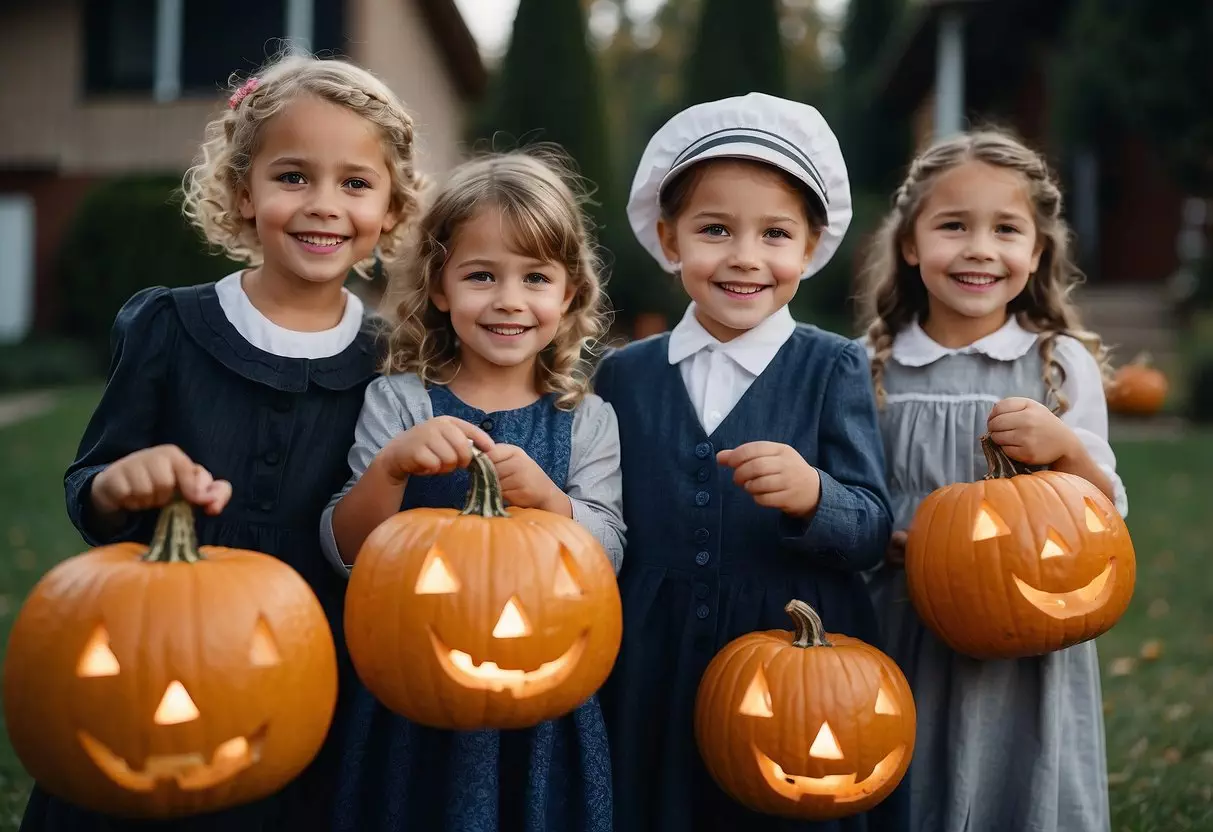 Children in costumes visit houses for candy. Community hosts events like haunted houses and pumpkin carving