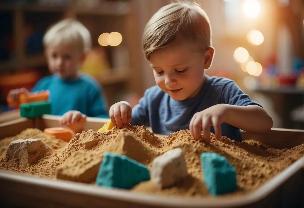 A colorful sensory table with various textures and materials like sand, water, and playdough. Children are exploring with their senses, touching, smelling, and listening to the different materials