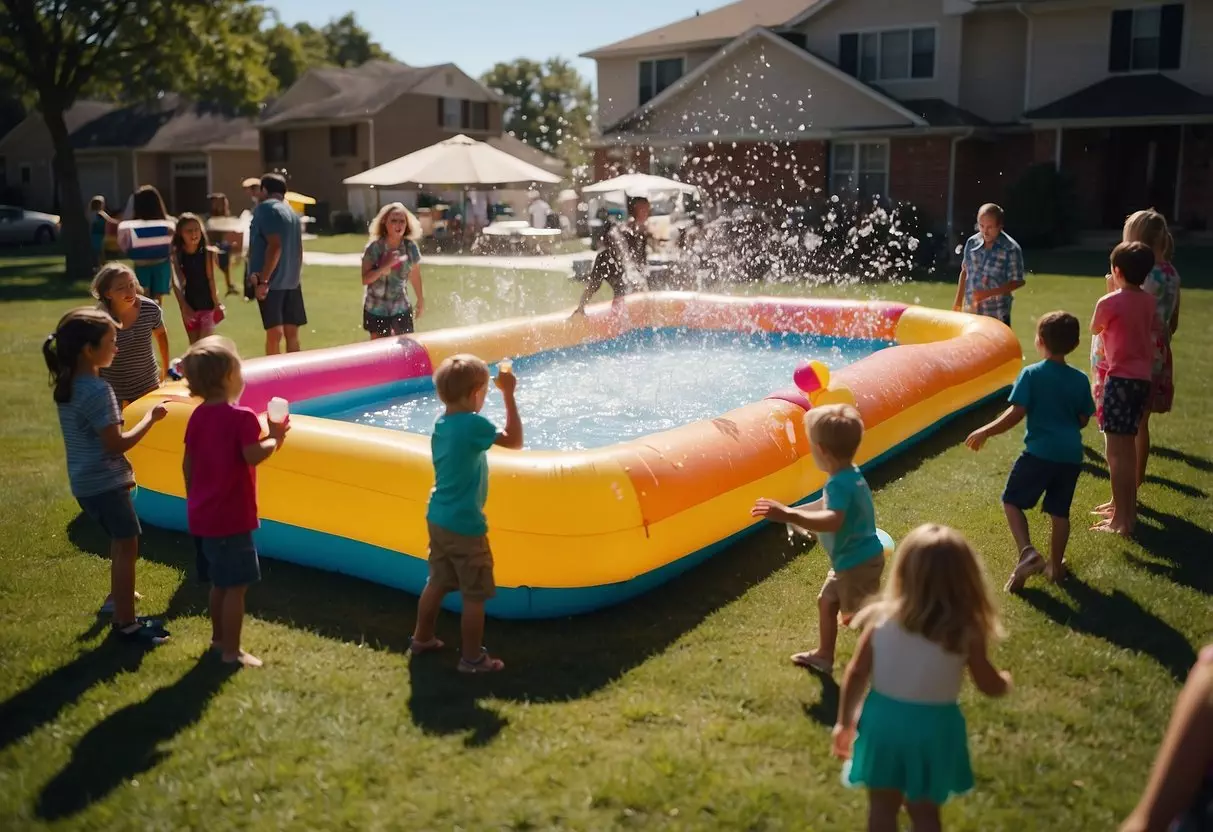 Brightly colored inflatable pool, surrounded by excited kids splashing and playing. Water balloons and squirt guns scattered on the grass. Ice cream cart and popsicle stand nearby