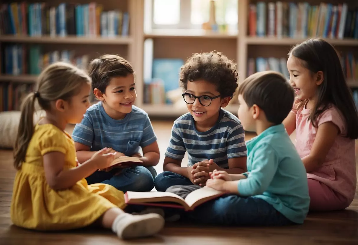 Kids surrounded by colorful books, sitting in a circle, pointing and discussing the stories with excitement