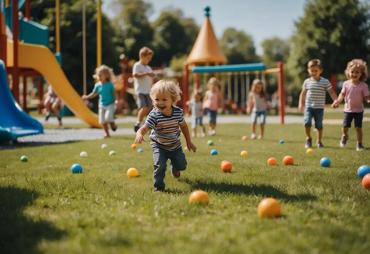 Children playing in a colorful playground, with slides, swings, and a sandbox. Families picnicking on the grass, while others participate in outdoor games and activities