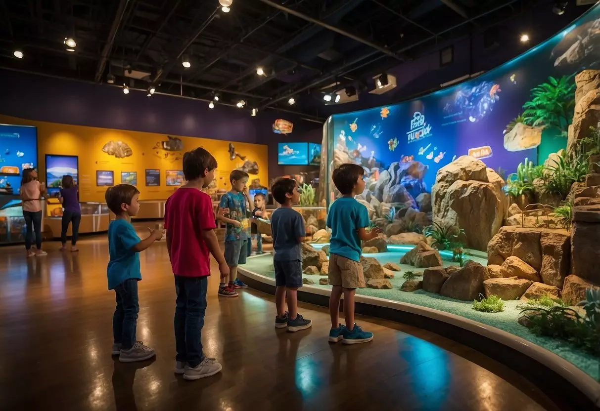 Children explore interactive exhibits at Austin's indoor attractions and museums. Displays include hands-on activities, educational games, and colorful displays