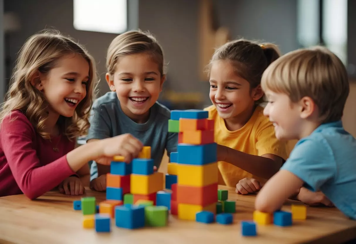 Children working together to build a tower out of colorful blocks. They are laughing and cheering each other on as they collaborate to create a tall and stable structure