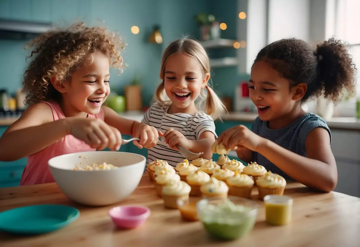 Children happily cooking and decorating cupcakes at a colorful kitchen counter. Ingredients and utensils are scattered around, while laughter fills the air