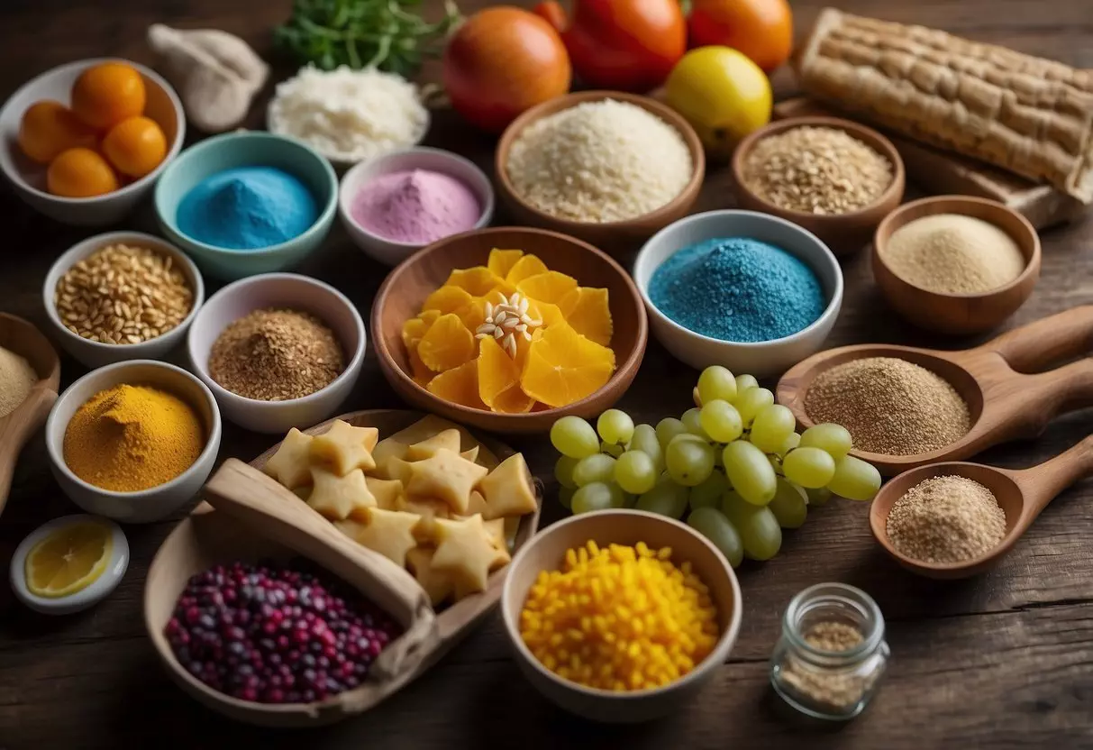 Colorful food ingredients arranged on a table with utensils and craft supplies nearby, ready for kids to create fun and imaginative food crafts