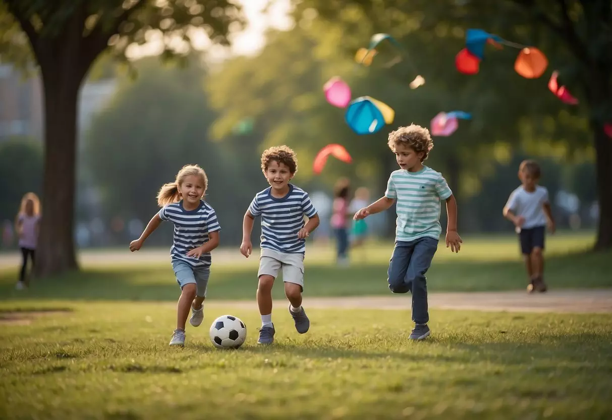 Children playing soccer, jumping rope, and flying kites in a park