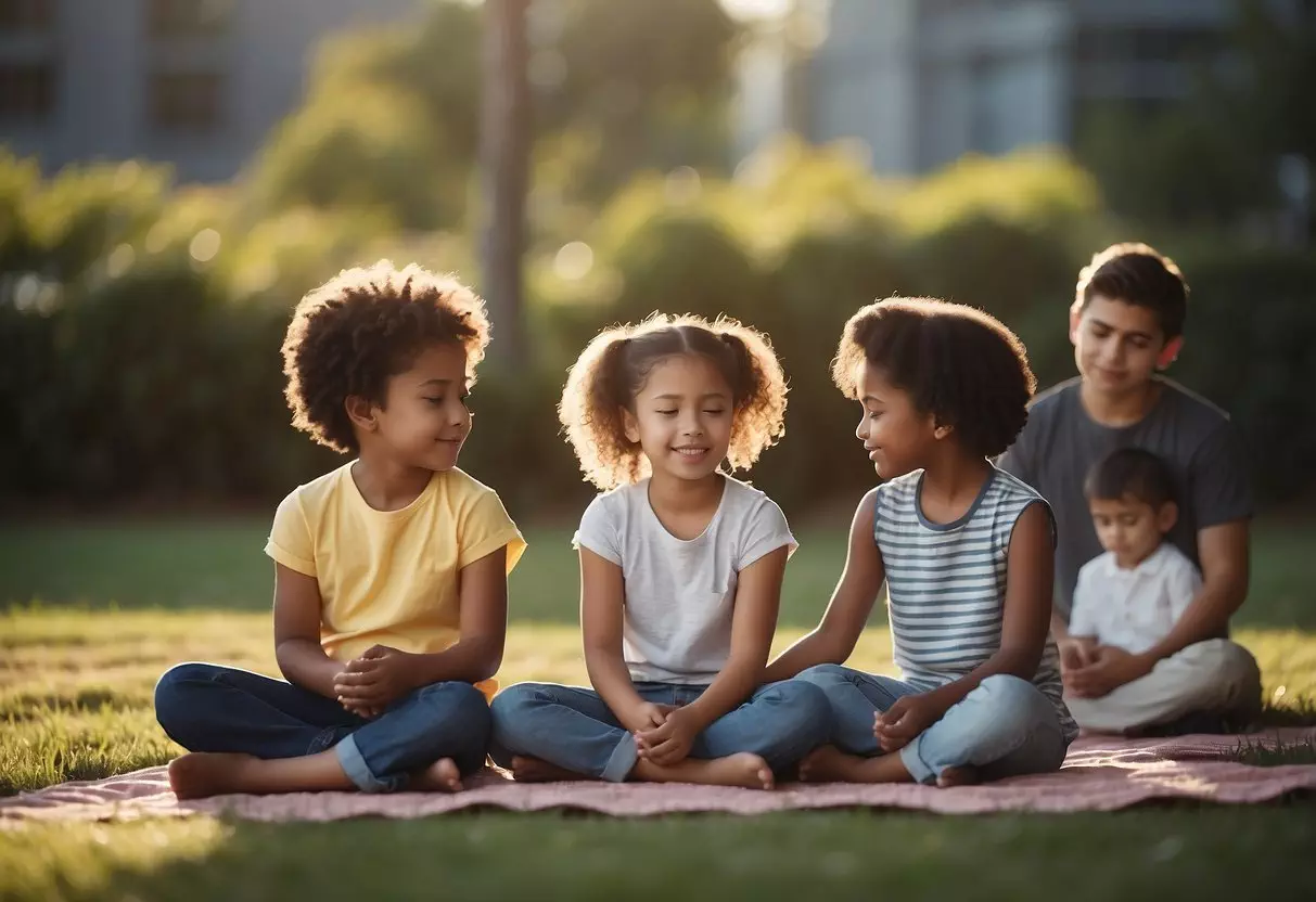 Children sitting in a circle, eyes closed, meditating. A soft glow surrounds them as they hold hands and visualize peace and love