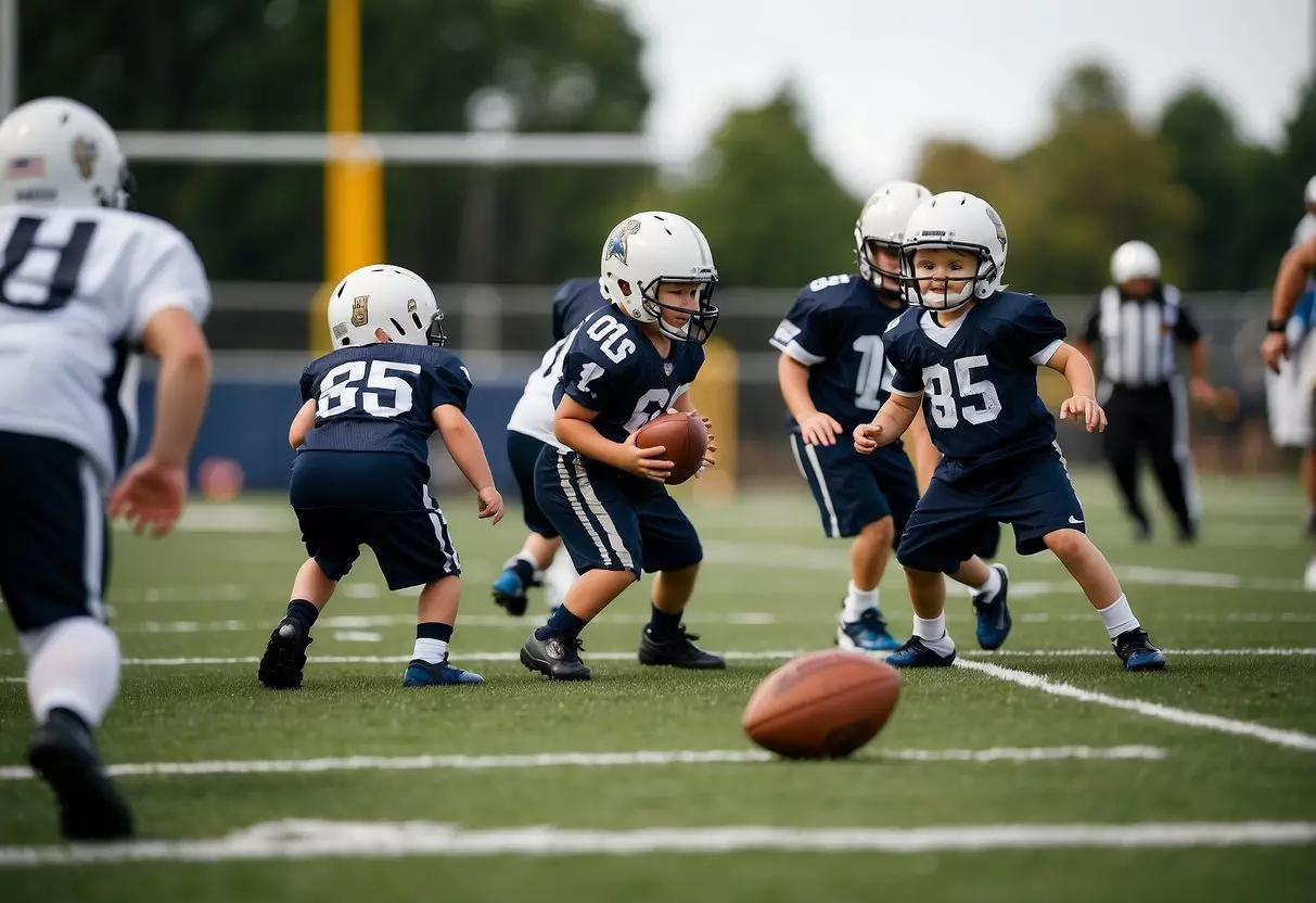 Kids playing football, tossing a ball, and running drills on a field with goalposts, cones, and NFL team logos