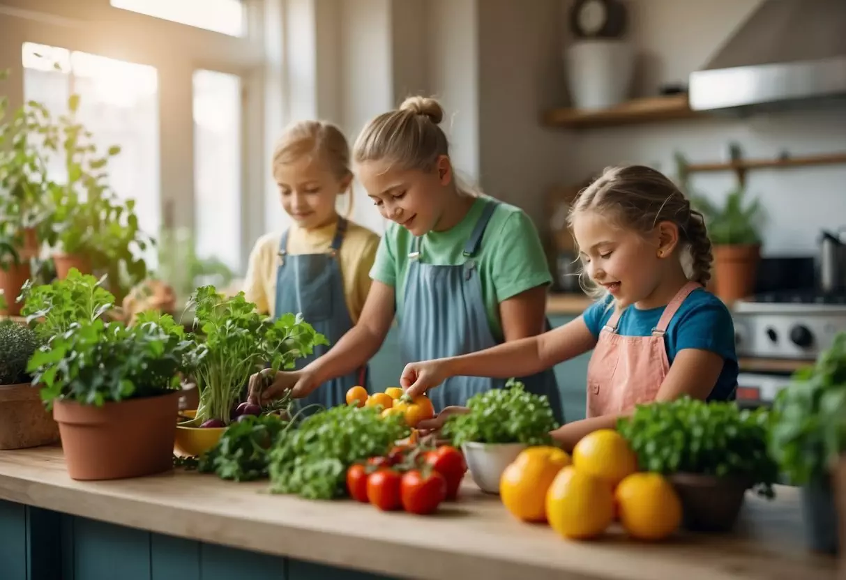 Children planting and watering a garden, picking fruits and vegetables, and preparing healthy snacks in a colorful kitchen