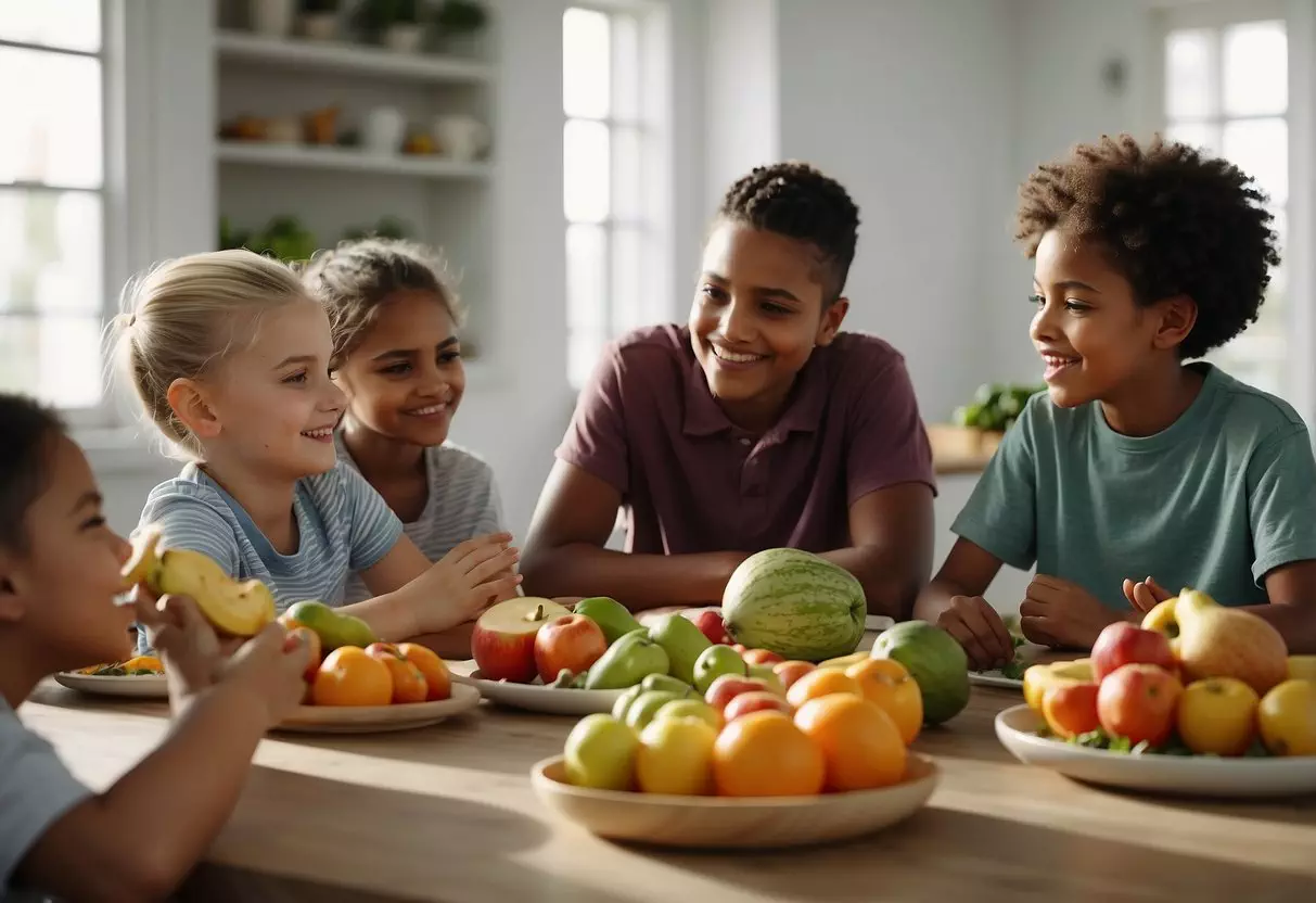 A group of children gathered around a table, learning about different food groups and their benefits. They are engaged in interactive nutrition activities, such as sorting fruits and vegetables into categories