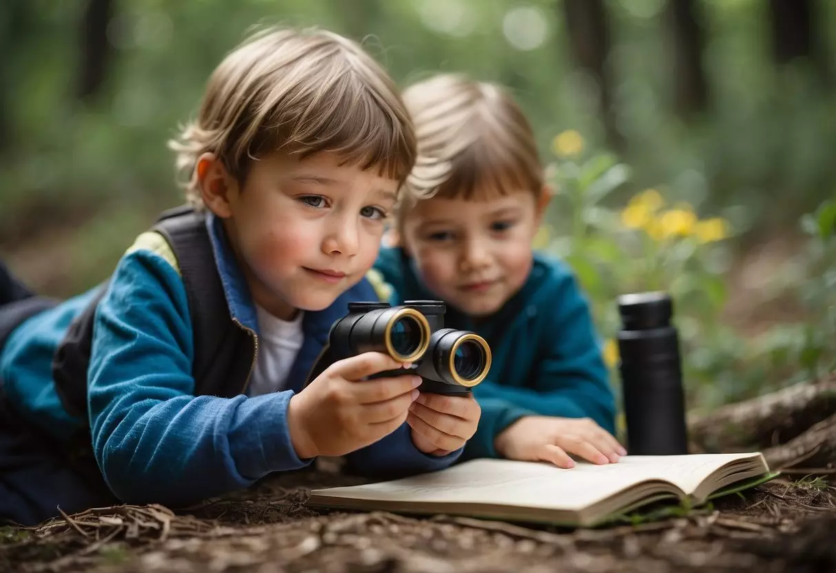 Children exploring nature, using binoculars, sketching in notebooks, and collecting specimens in jars