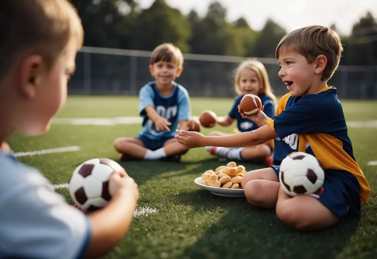 Children playing football, tossing a ball, snacking on game day treats, cheering, and wearing team jerseys