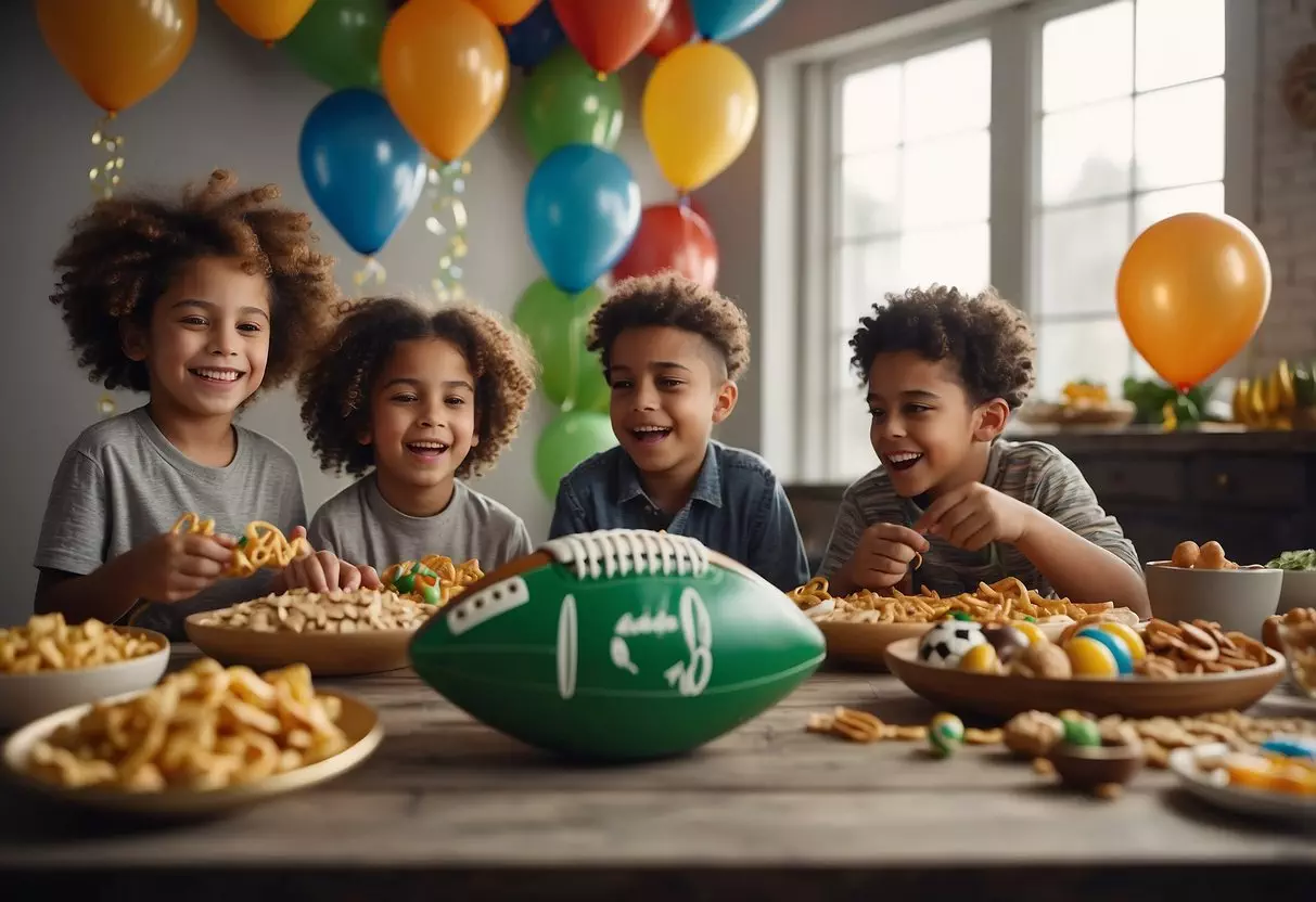 Kids decorating a football-themed banner, blowing up balloons, and setting up a snack table for a Superbowl party