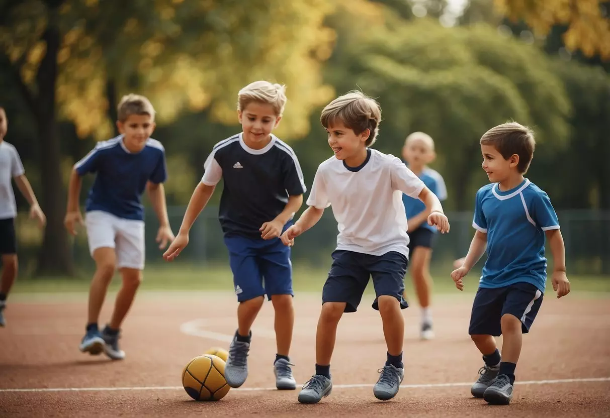 Children playing soccer, basketball, and tennis in a park. Coaches are teaching skills and techniques. Parents are cheering from the sidelines