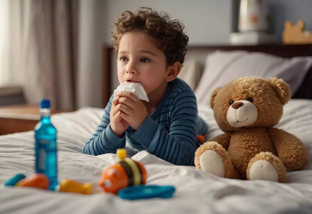 Children lying in bed with tissues, books, and toys scattered around. A thermometer and medicine bottle on the bedside table. A caring adult checking in on them