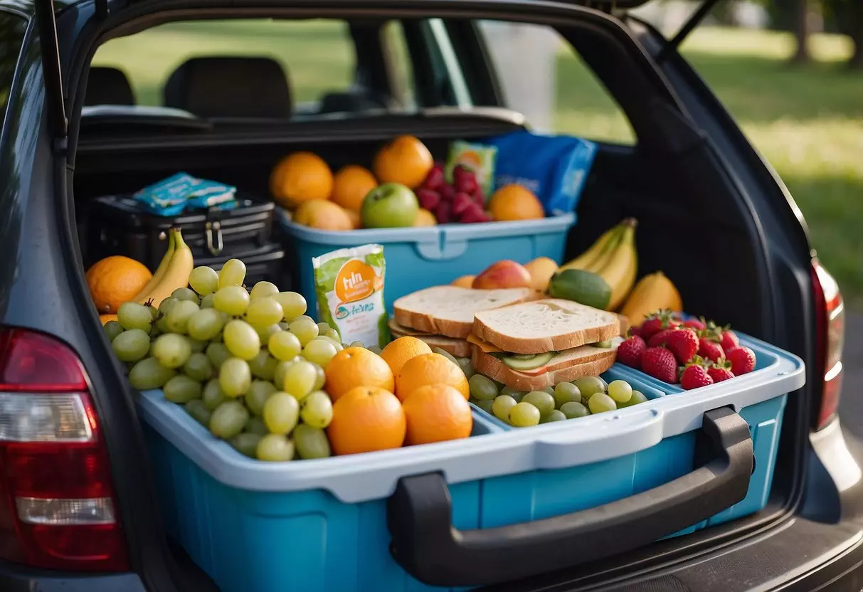 A colorful cooler packed with fresh fruits, sandwiches, and snacks sits in the trunk of a car, ready for a fun and safe road trip adventure