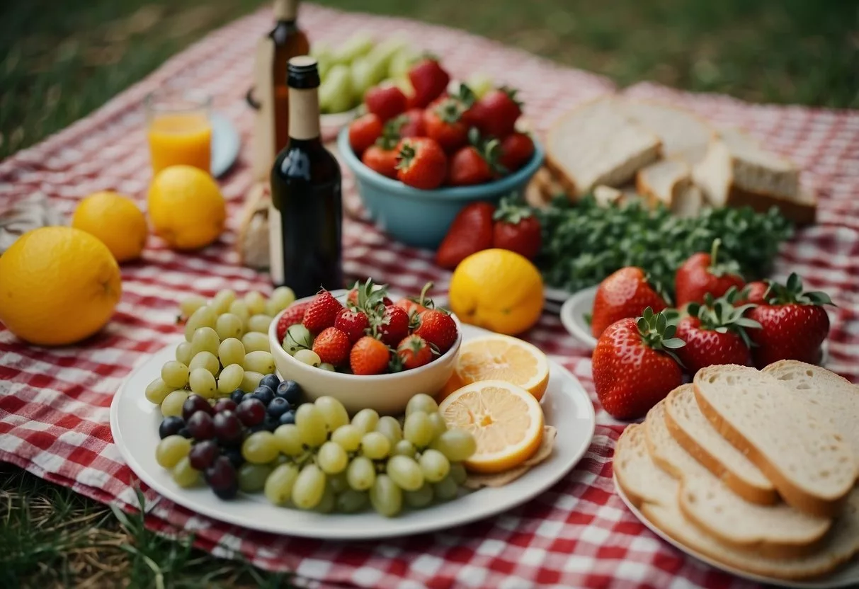 A colorful picnic spread with fresh fruits, veggies, and sandwiches on a checkered blanket by a winding road