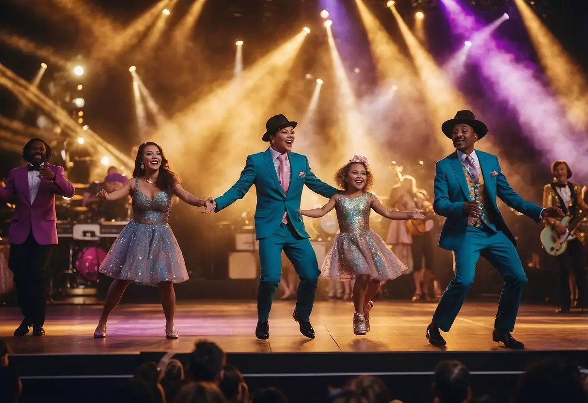 A colorful stage with lively performers entertaining a joyful audience of families and children in Las Vegas