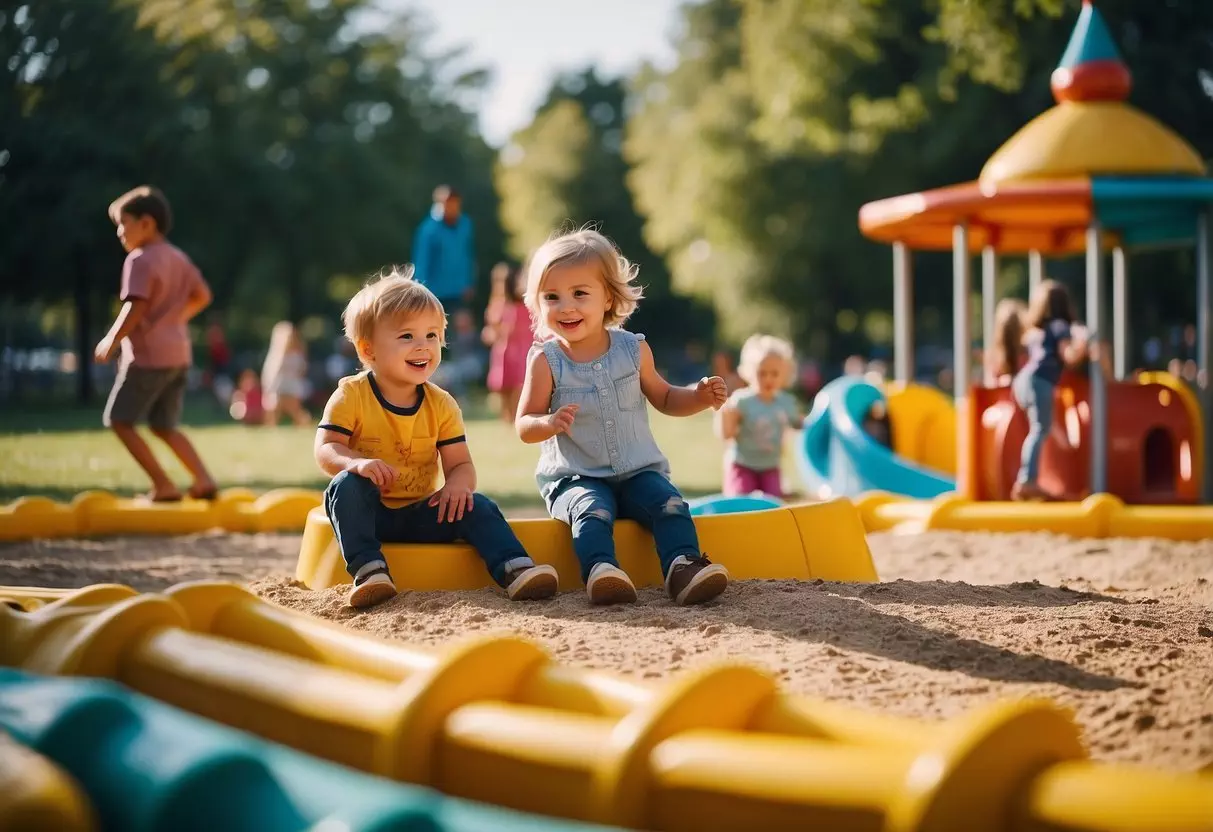 Children playing in a colorful playground with slides, swings, and a sandbox. Families having a picnic on the grass. A carousel and a train ride in the background