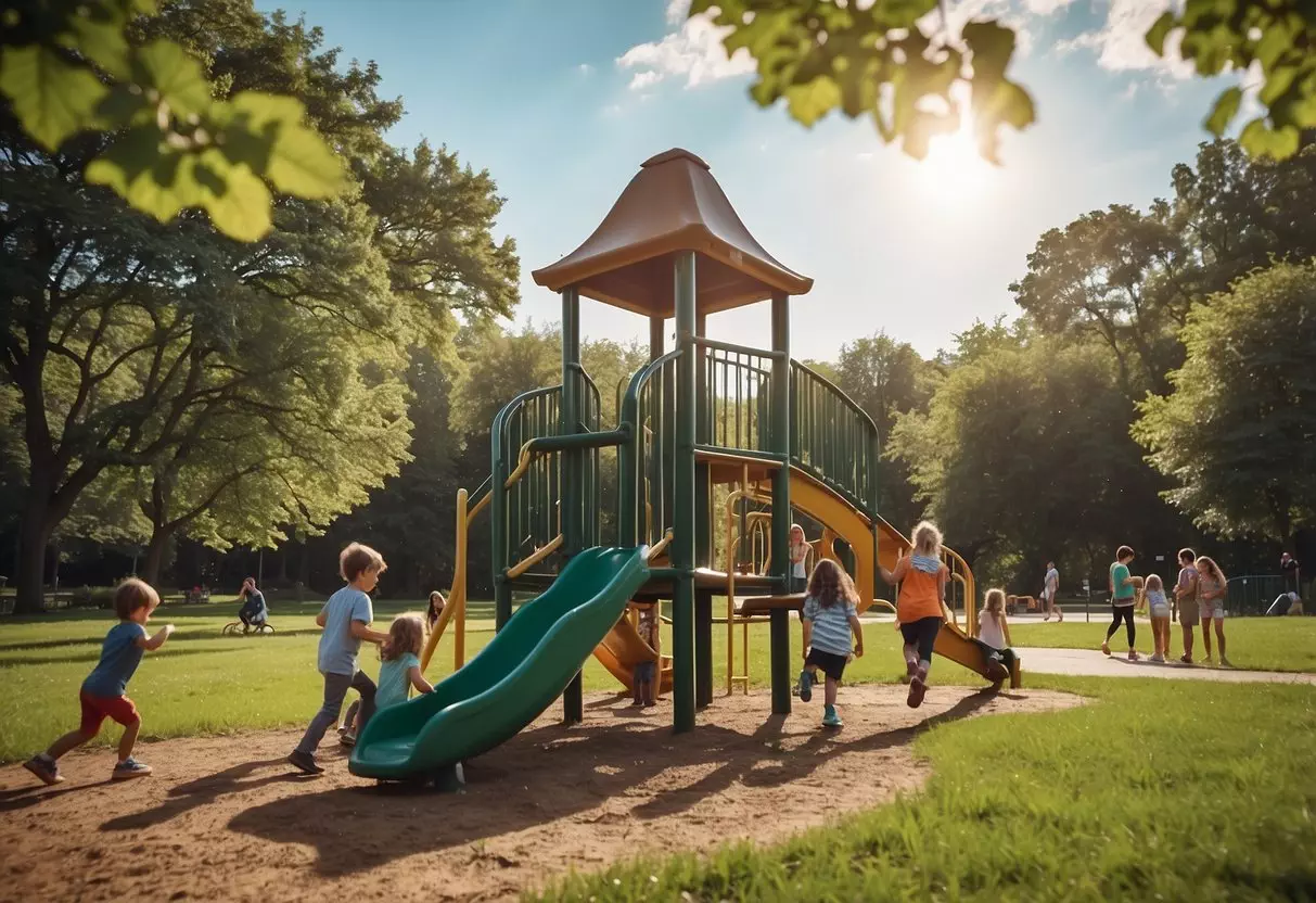 Children playing on playground equipment, families picnicking, and people hiking on nature trails in a lush, green park setting