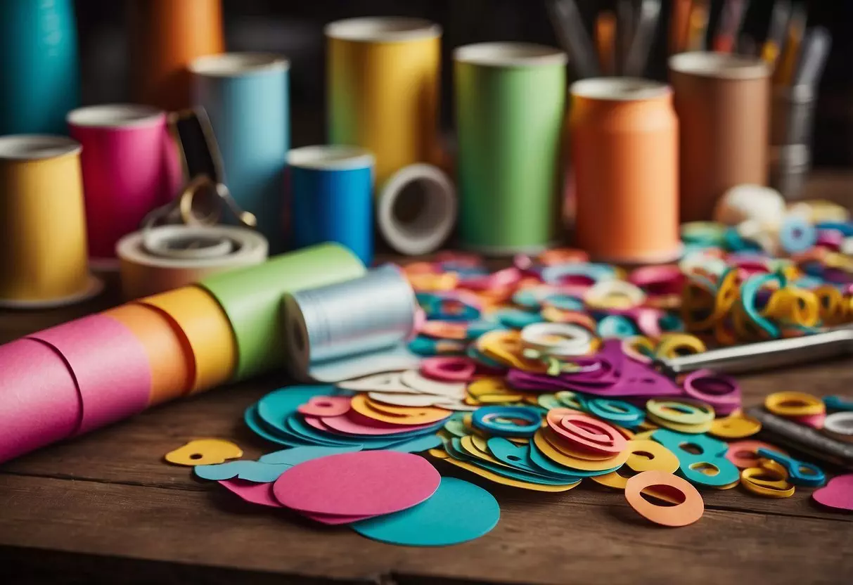 A table covered in colorful paper, glue, scissors, and various craft supplies. A completed project sits nearby, showcasing intricate details and creative design