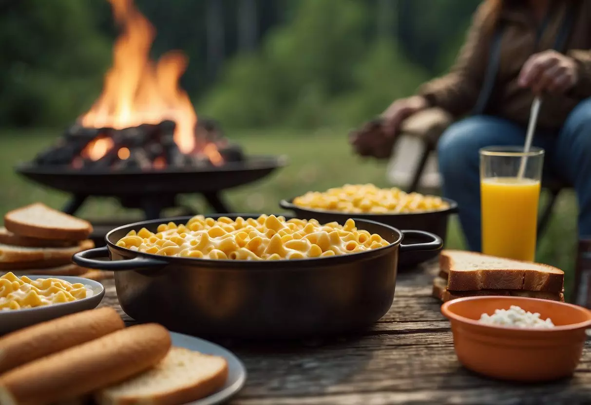 A campfire crackles as a pot of mac and cheese simmers. A family sits around a picnic table, passing around hot dogs and s'mores