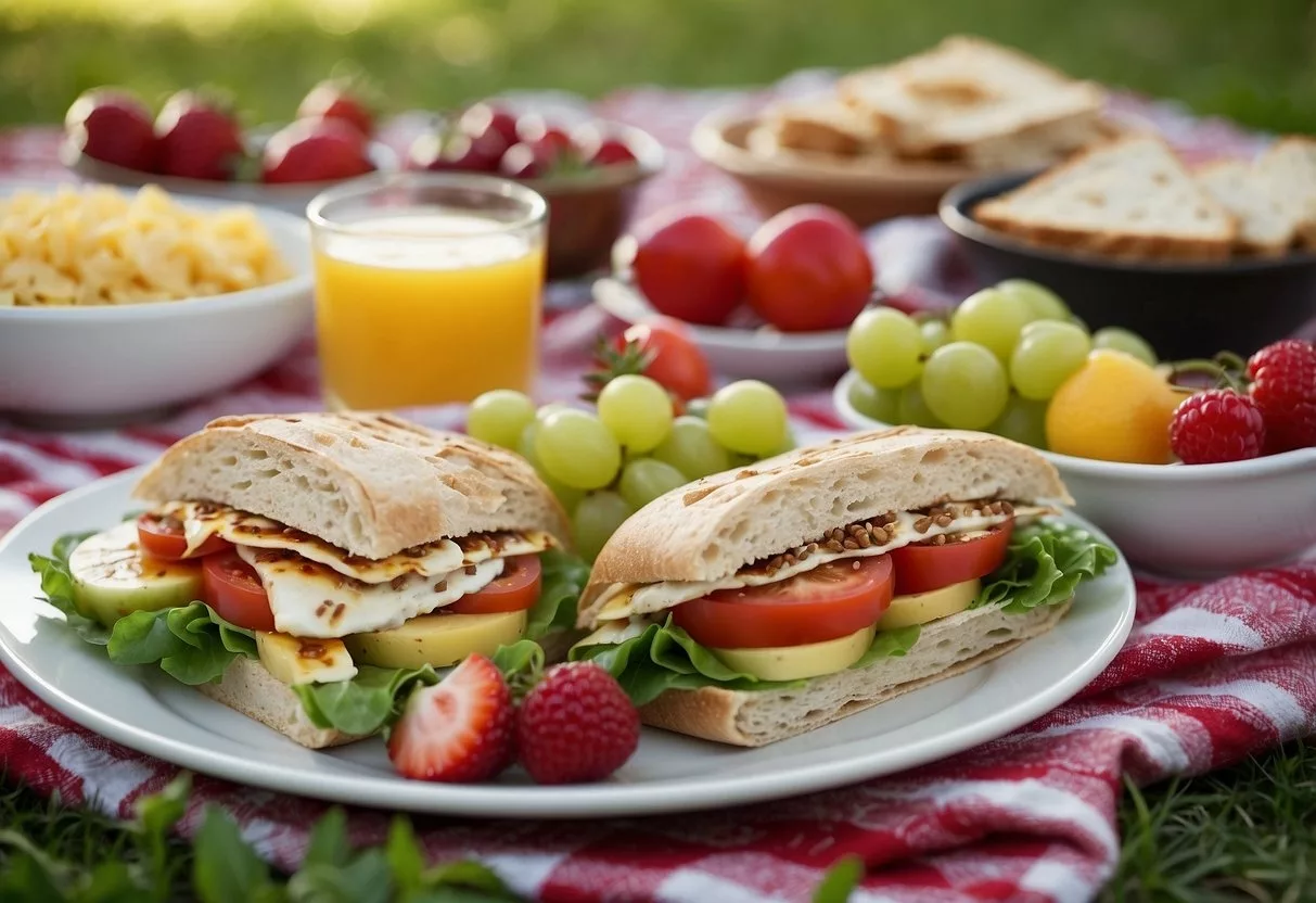 A colorful array of quick and healthy dinner options, including sandwiches, wraps, and fruit, laid out on a picnic blanket in a park setting