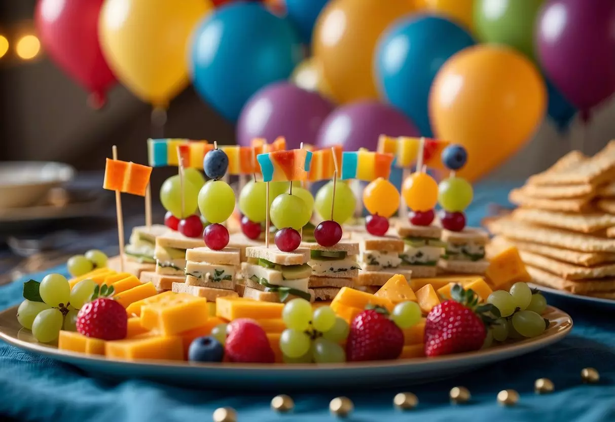 Colorful fruit skewers, mini sandwiches, and bite-sized cheese and crackers arranged on a bright, festive table with balloons and streamers