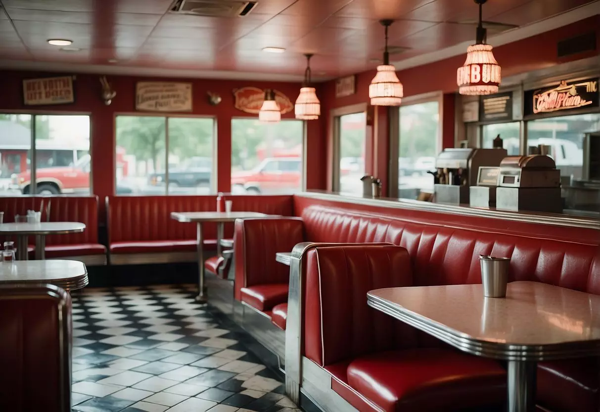 A classic diner with red leather booths, checkered floors, and a jukebox. A menu featuring American comfort food like burgers, fries, and milkshakes