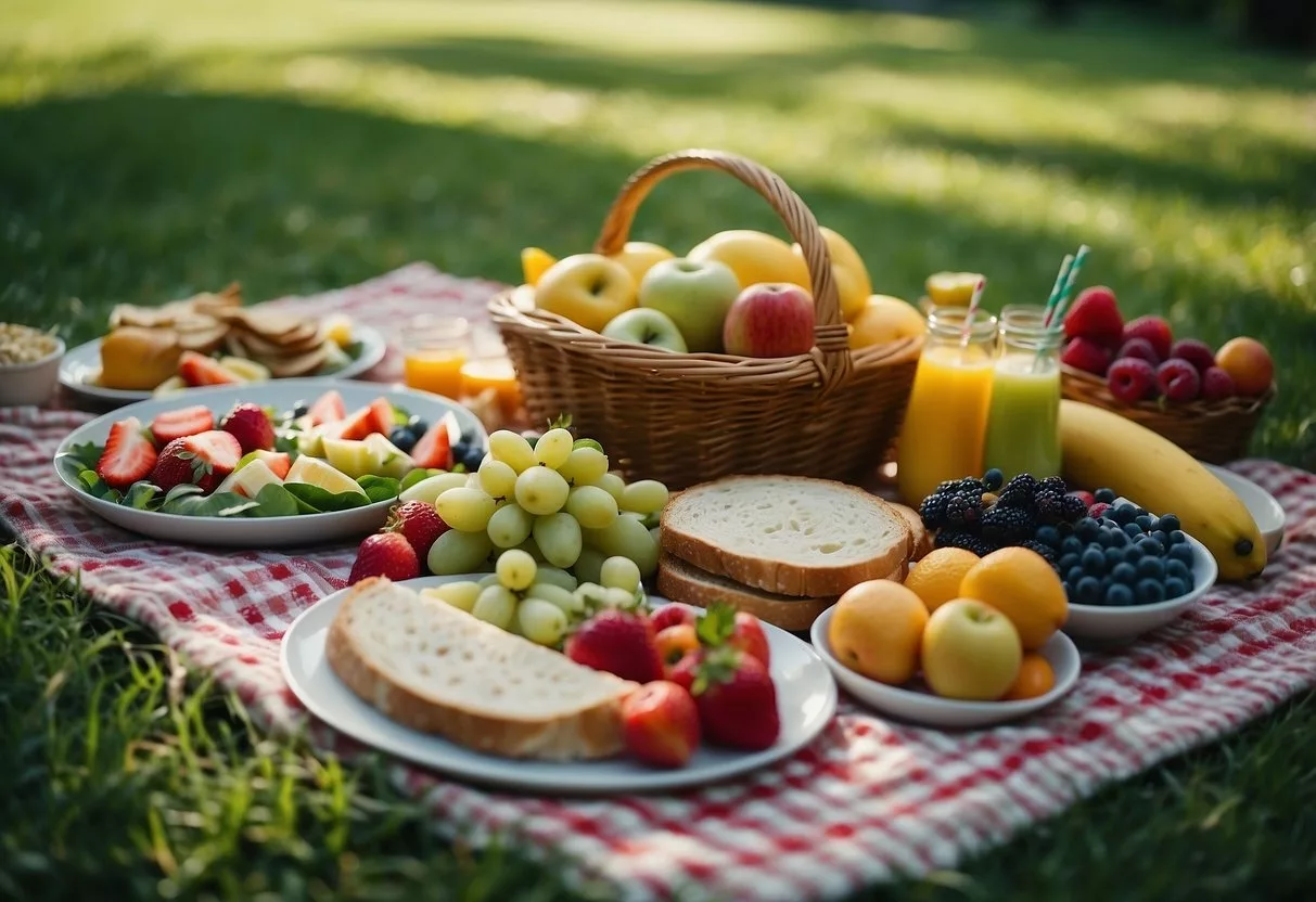 A colorful picnic blanket spread out on lush green grass, with a variety of fresh fruits, sandwiches, and healthy snacks laid out for a kid-friendly summer dinner