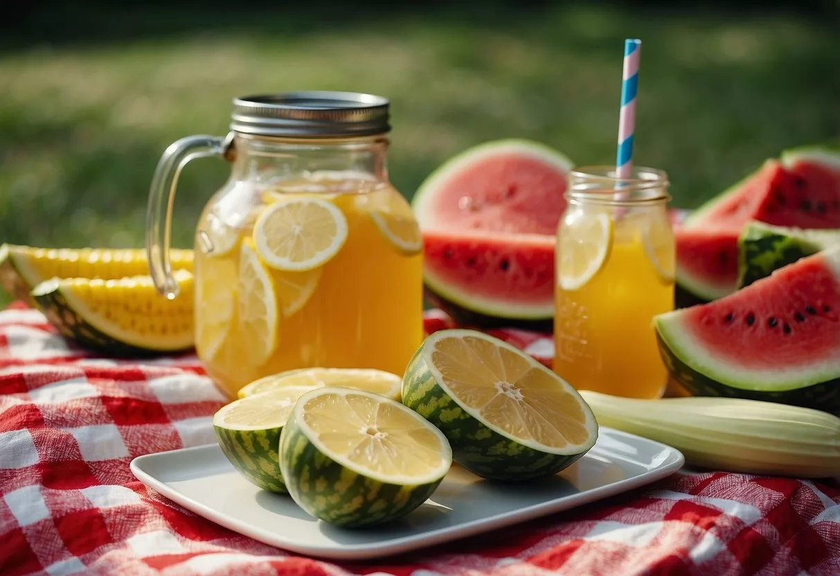 A picnic blanket spread with watermelon slices, corn on the cob, and colorful fruit skewers. Lemonade and iced tea in mason jars sit nearby