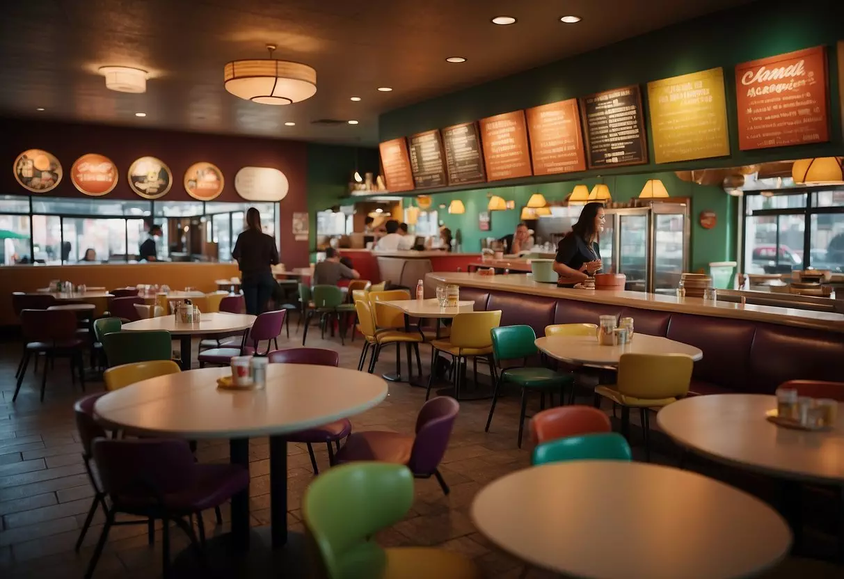 Families dining at colorful tables in a bustling restaurant. Menu items include pizza, burgers, and macaroni and cheese. Play area in the corner with toys and games