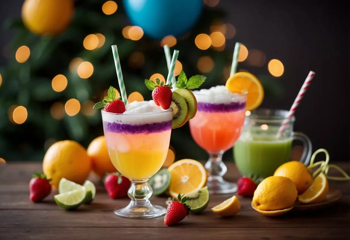 A festive table with colorful, non-alcoholic drinks in fun, kid-friendly cups. Decorative straws, fruit garnishes, and cheerful decorations add to the holiday spirit