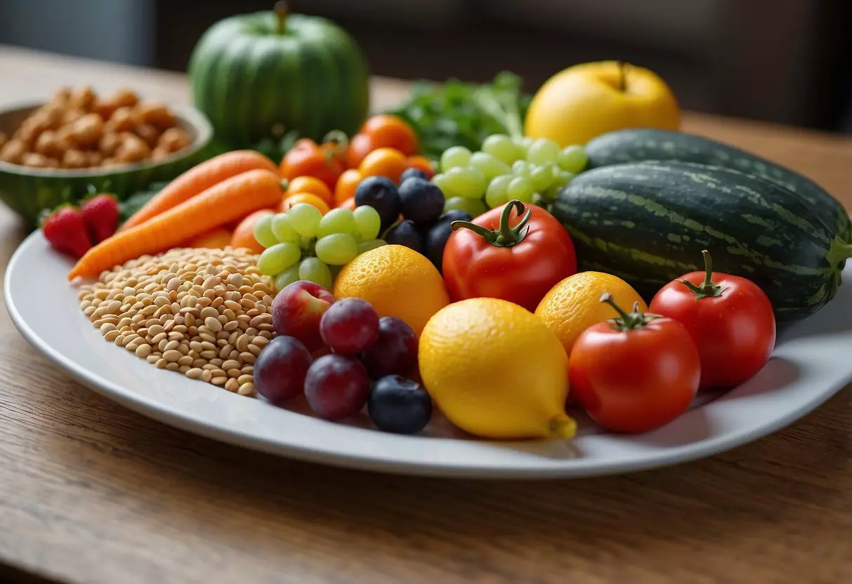 A colorful array of fresh fruits and vegetables arranged on a plate, accompanied by whole grains and lean proteins, all set on a vibrant, child-friendly placemat