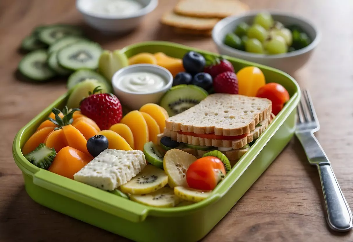 A colorful bento box filled with sliced fruits, veggies, cheese, and whole grain crackers. A small container of yogurt and a fun-shaped sandwich complete the scene