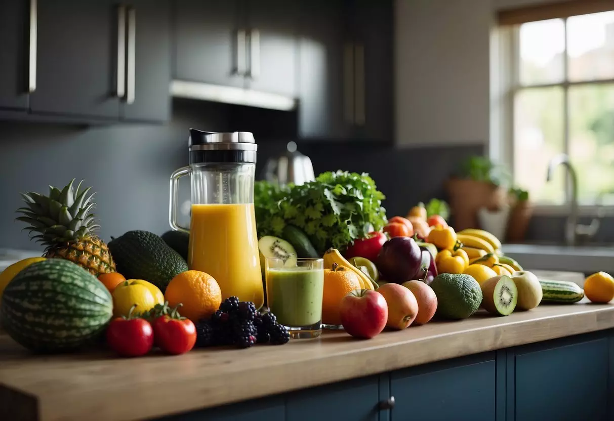 A colorful array of fresh fruits and vegetables, a blender, and a variety of kid-friendly smoothie ingredients laid out on a kitchen counter